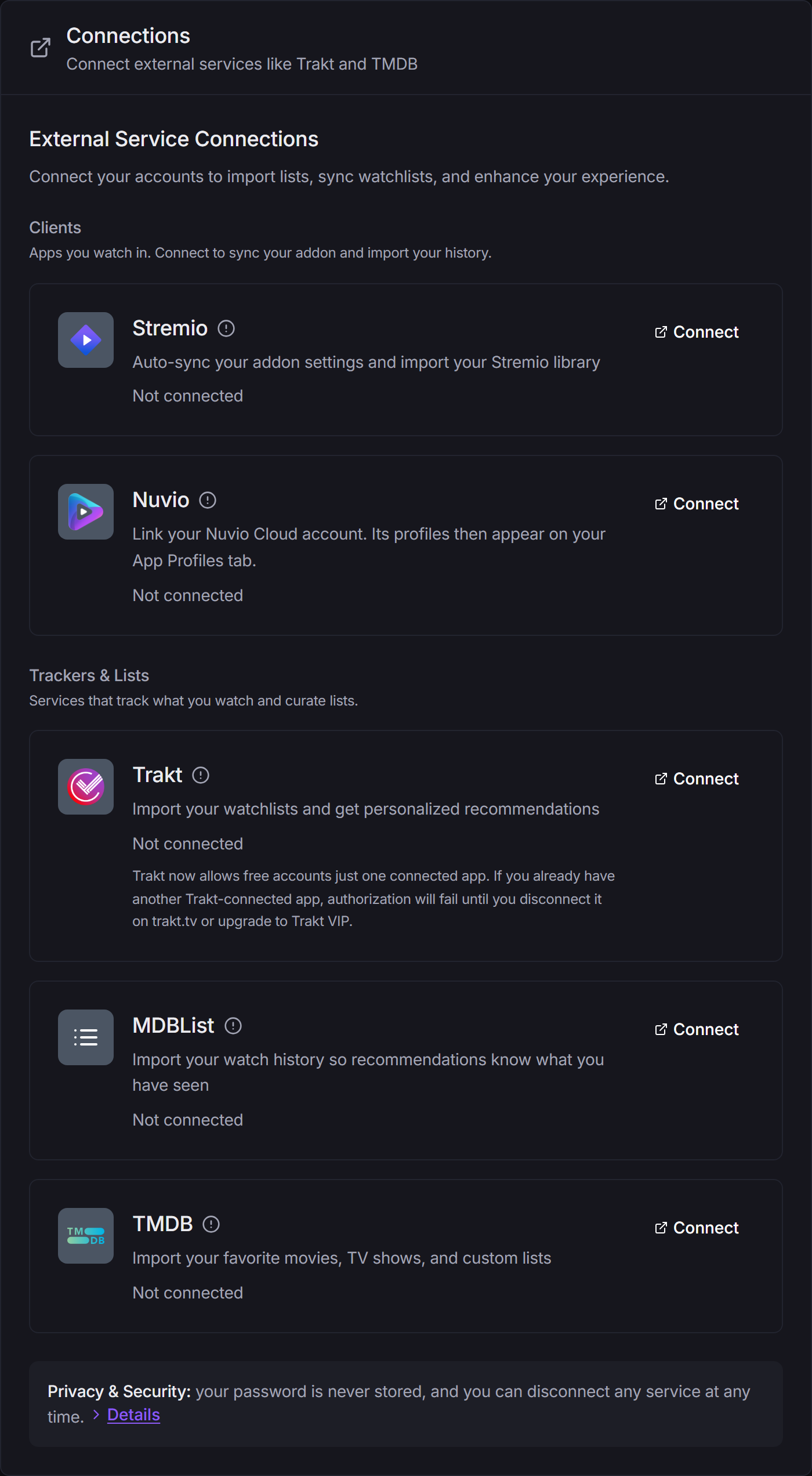 The Connections tab with the Stremio, Nuvio, Trakt, MDBList and TMDB cards, none connected yet