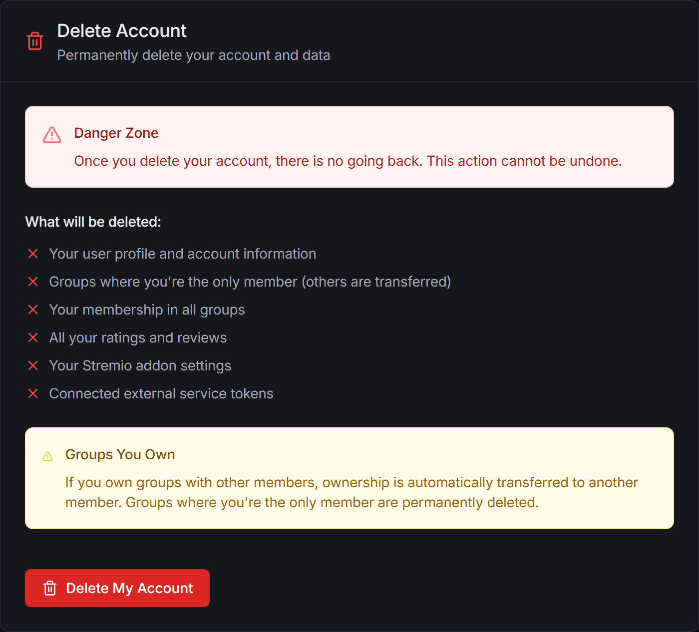 The Delete Account tab listing what will be deleted
