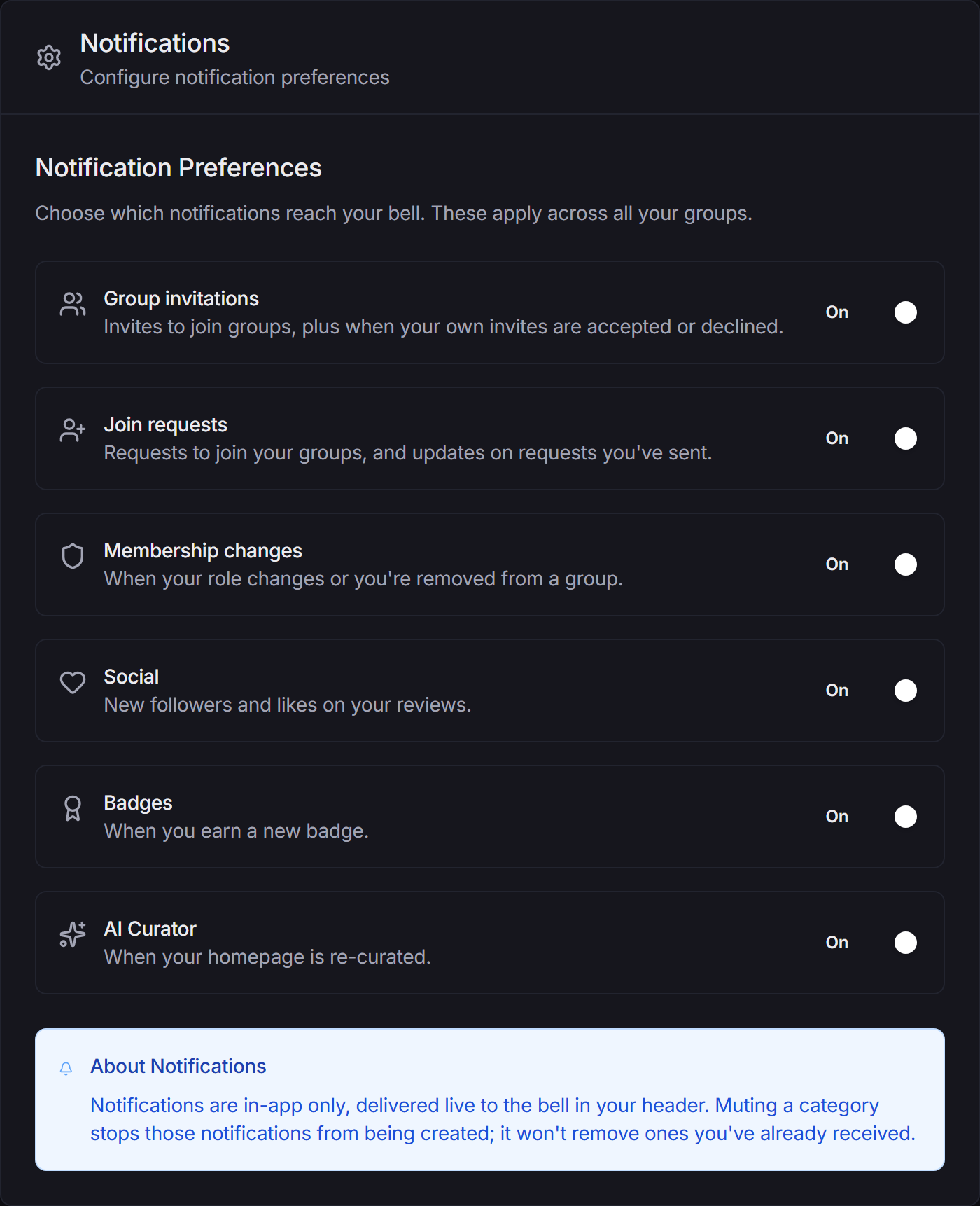 The Notifications tab with an On/Off switch for each category