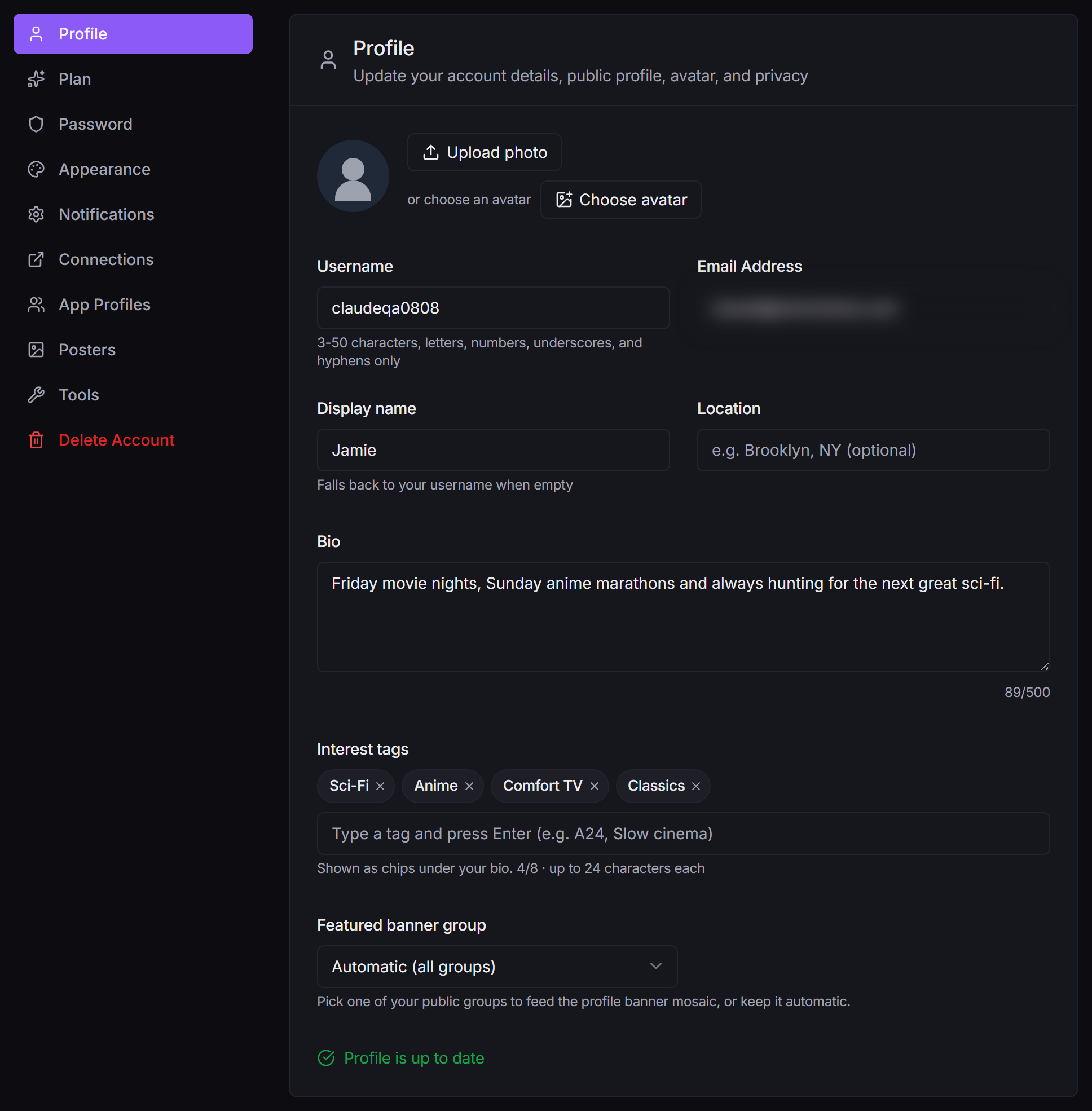 The Account page with the section list on the left and the Profile tab open