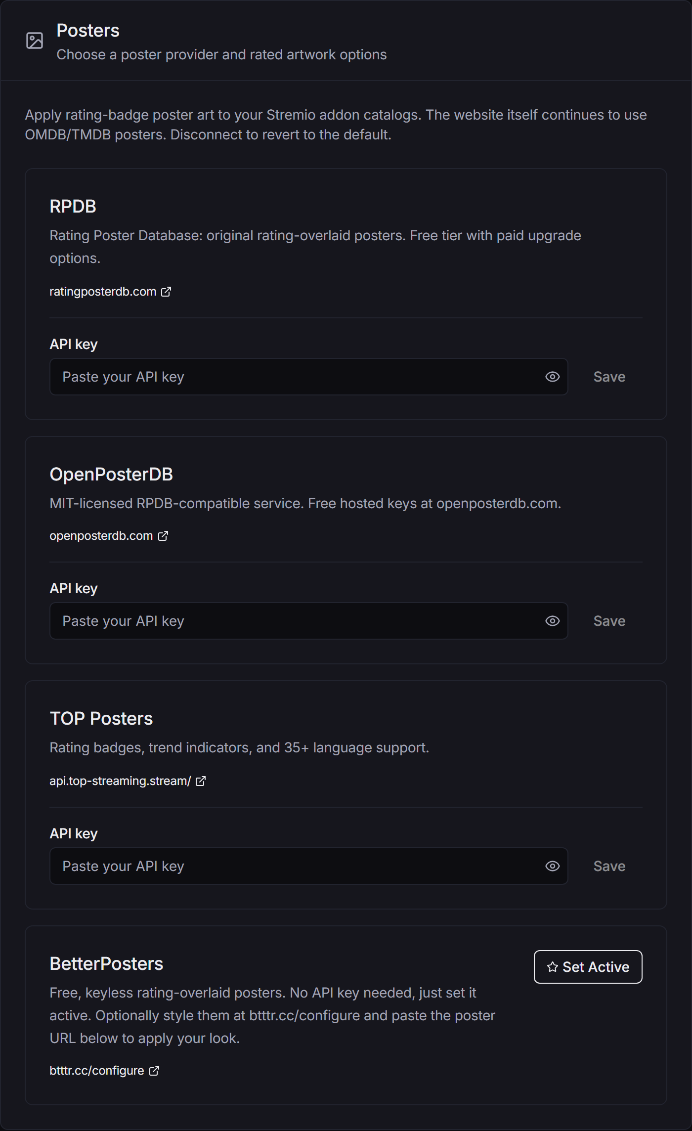 The Posters tab with RPDB, OpenPosterDB and TOP Posters, each with an API key field, and the keyless BetterPosters with Set Active