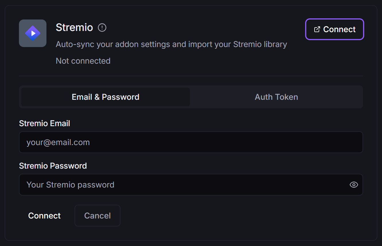 The Stremio card with the Email & Password and Auth Token sign-in form open