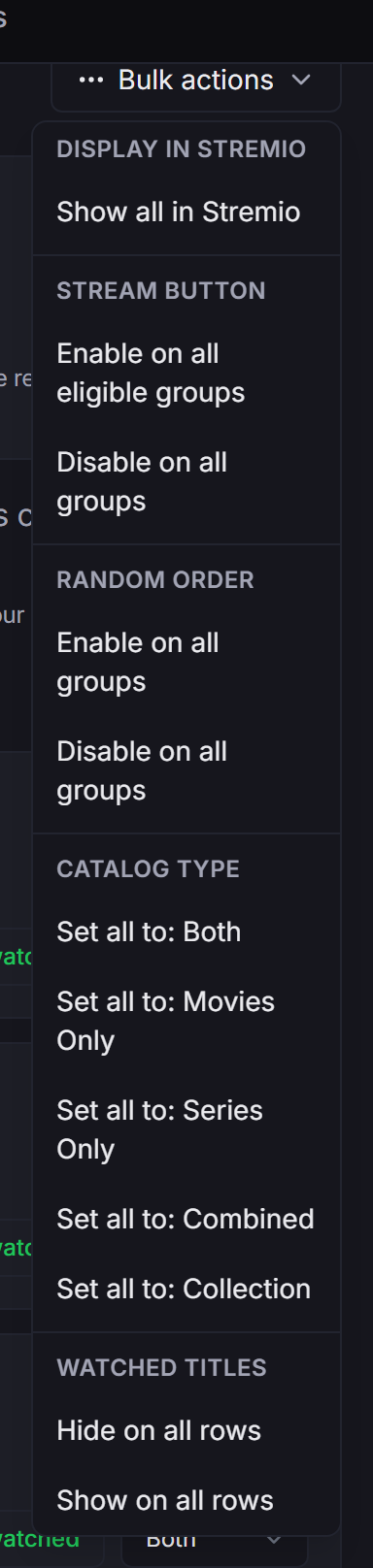 The Bulk actions menu open, with options for display, Stream button, Random order, Catalog type and Watched titles