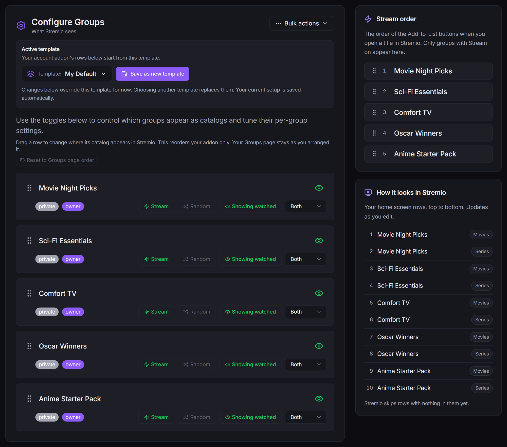 The Catalogs tab: the Active template card and the Configure Groups list, with the Stream order and preview cards on the right