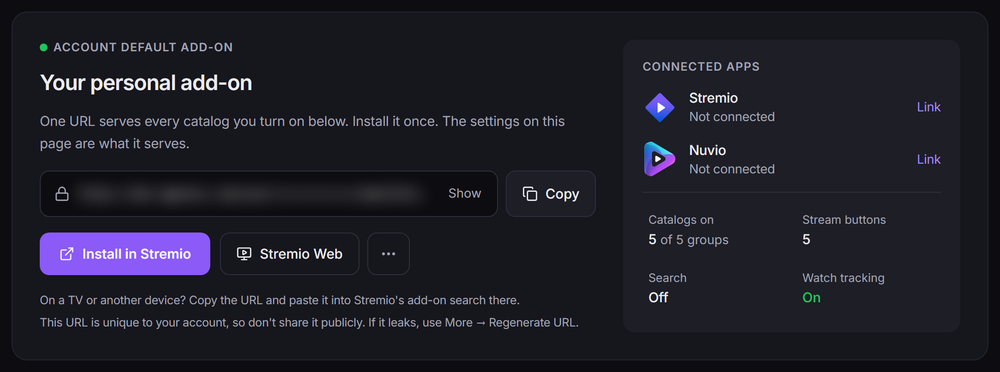 The install card with the add-on URL, Install in Stremio, Stremio Web, the Connected apps panel and the four summary cells