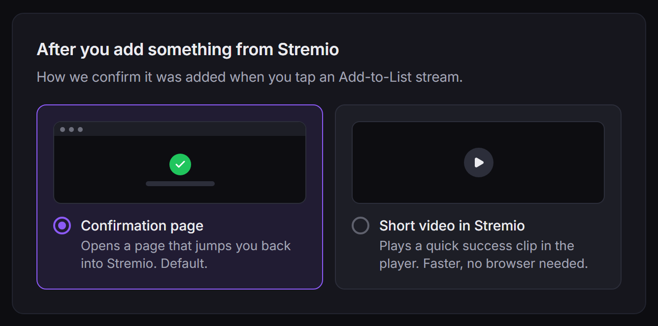 The success feedback choice: Confirmation page or Short video in Stremio