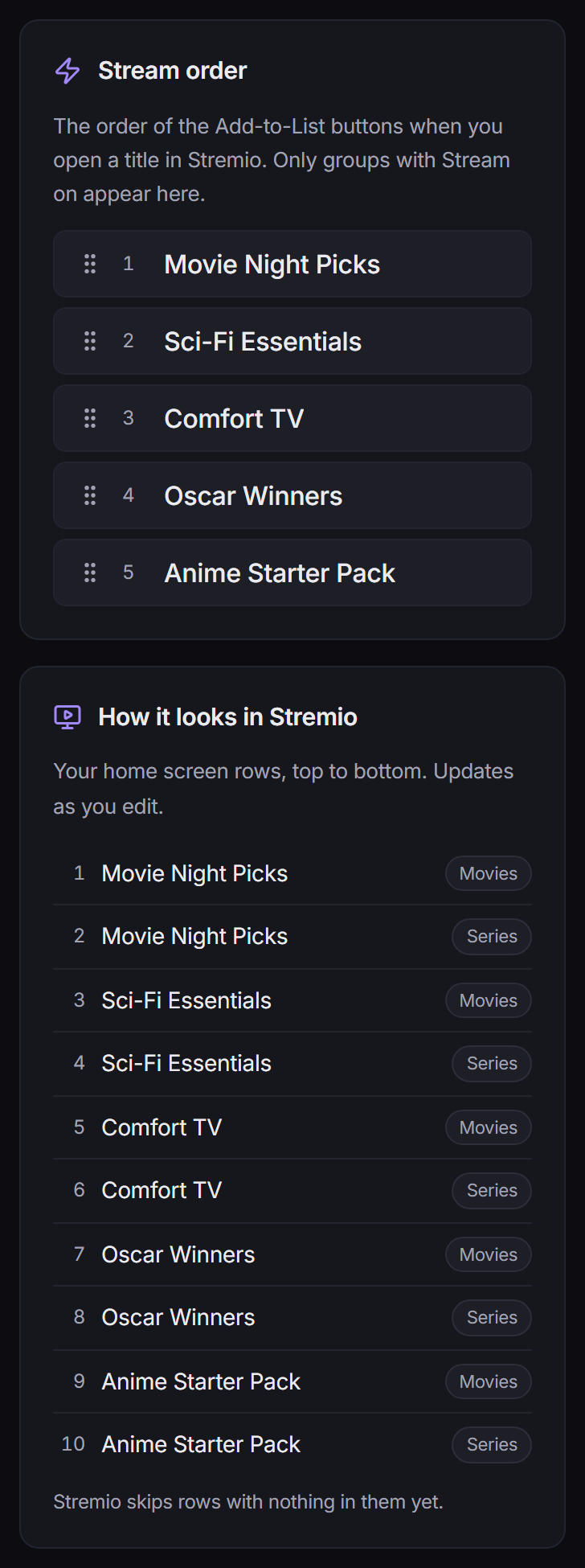 The Stream order card and the How it looks in Stremio preview