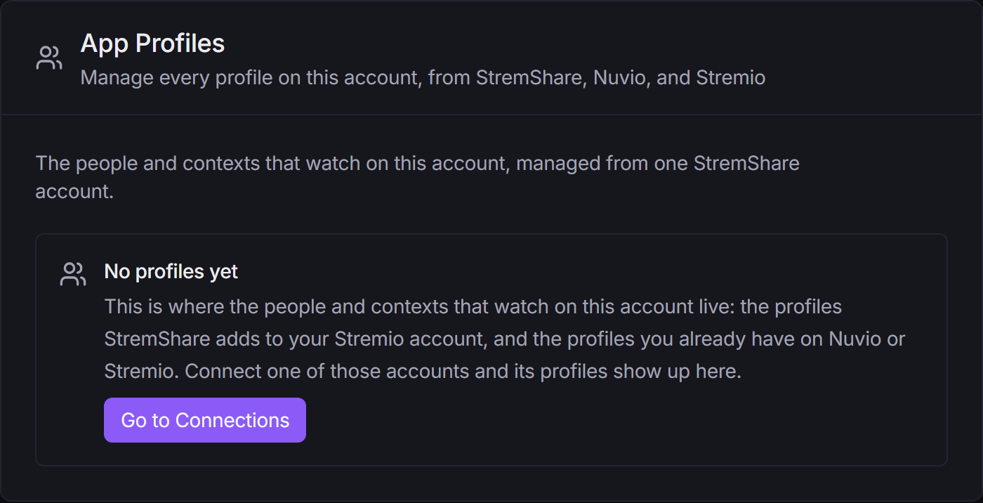 The App Profiles tab before any app is linked, showing No profiles yet and a Go to Connections button