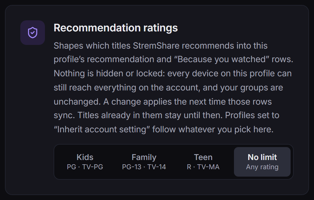 The Recommendation ratings card with the Kids, Family, Teen and No limit levels