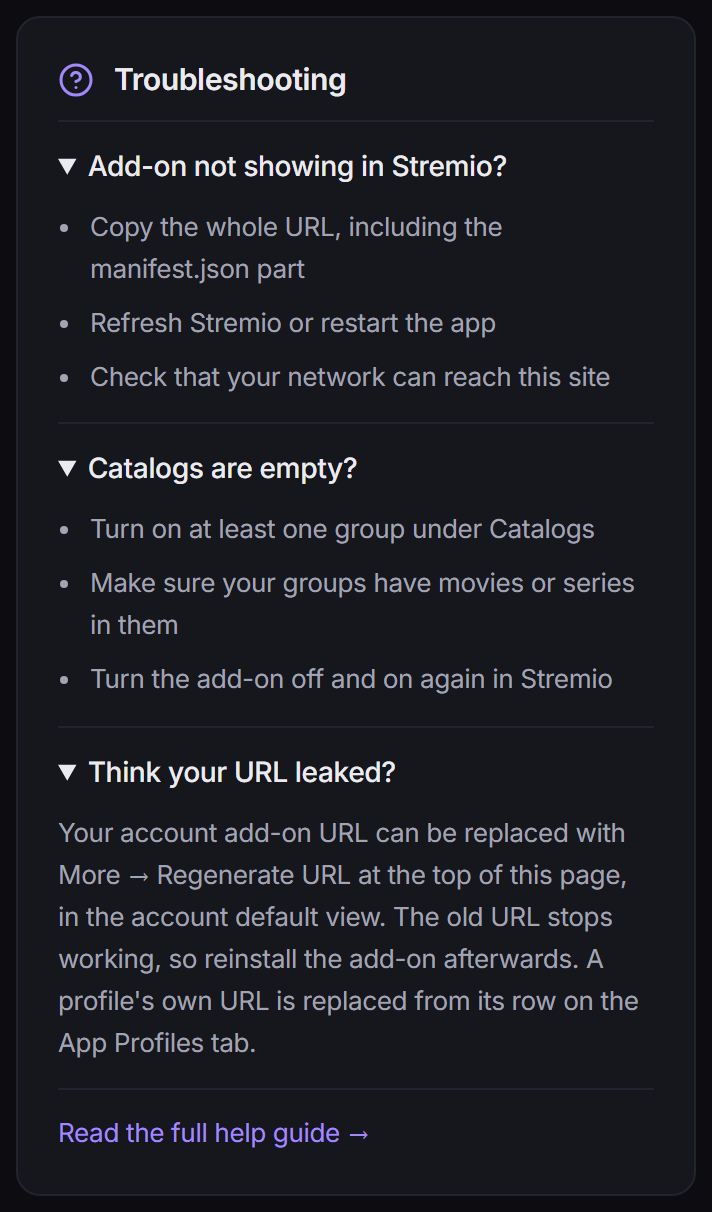 The Troubleshooting panel on the Add-on Setup page