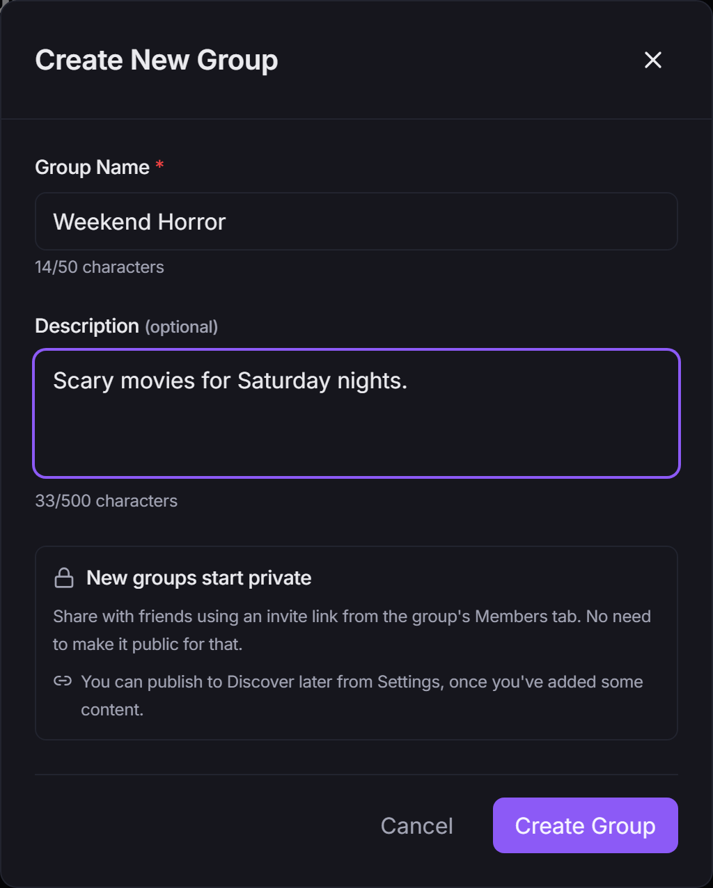 The Create New Group window with a name and description filled in