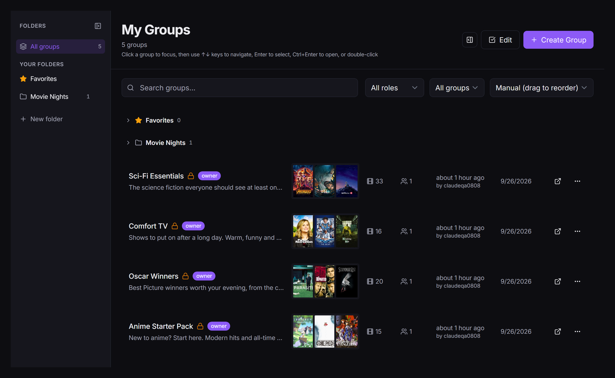 The My Groups page with the folder rail on the left and a folder in the list