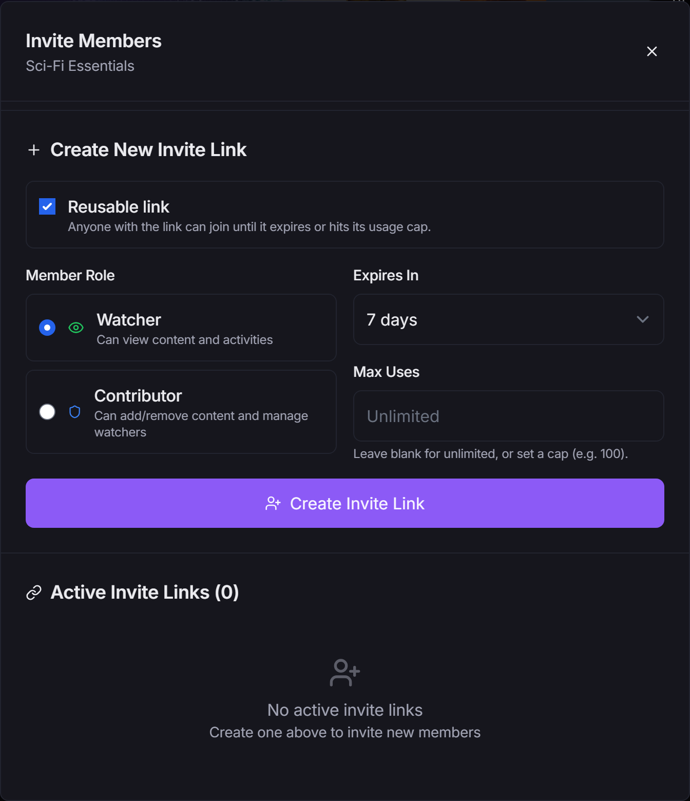 The Invite Members window on the link section, with Reusable link ticked and the Max Uses box showing