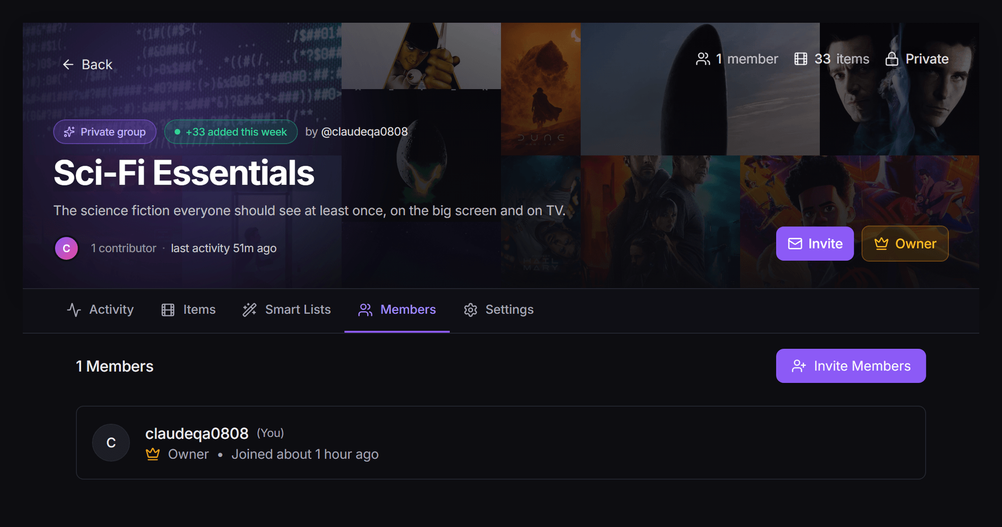 A group page on the Members tab, showing the header, the tab bar and the member list