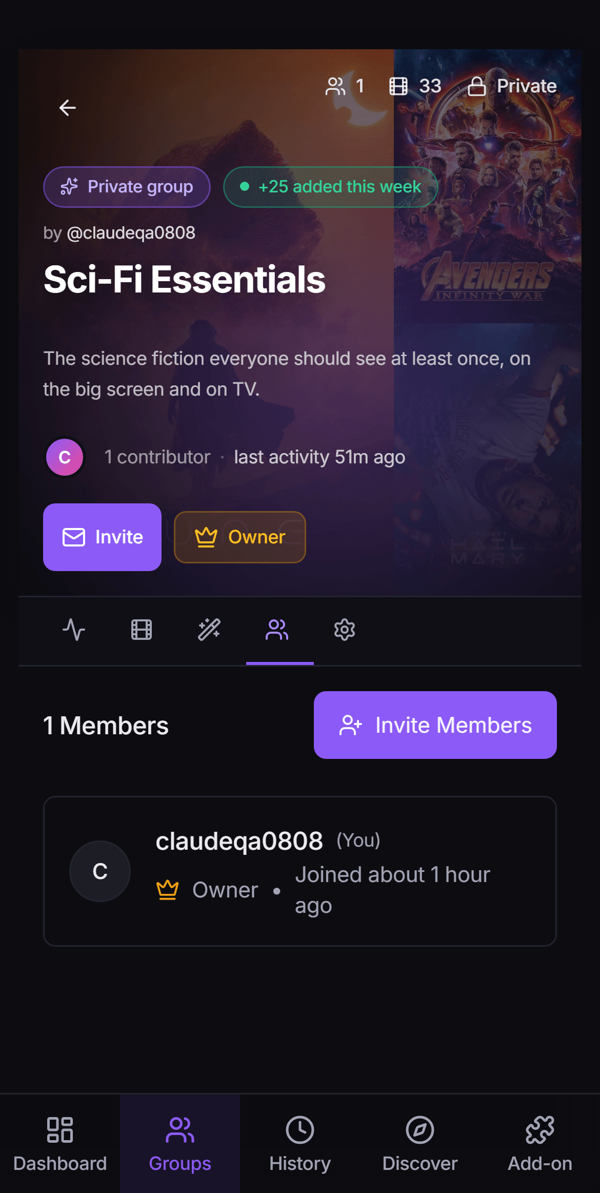 A group page on a phone, with the tabs shown as icons