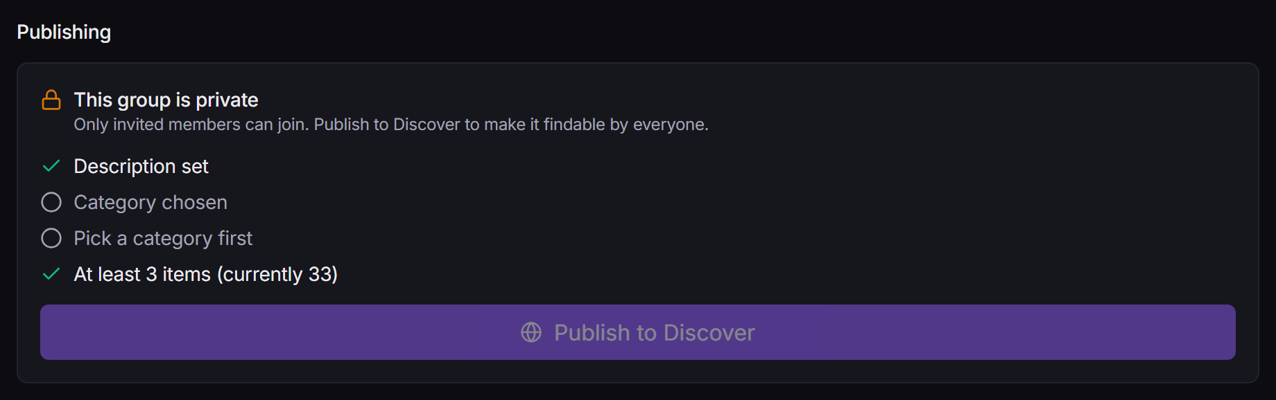The Publishing section with its checklist and the Publish to Discover button
