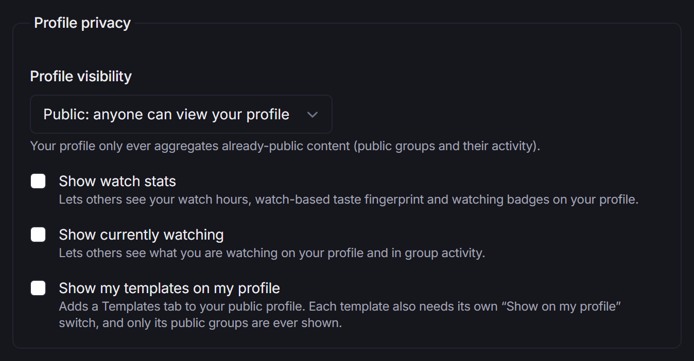 The Profile privacy settings in Account, Profile