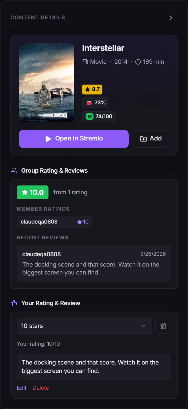 The details panel for a title, showing the group rating, member ratings, recent reviews and your own rating