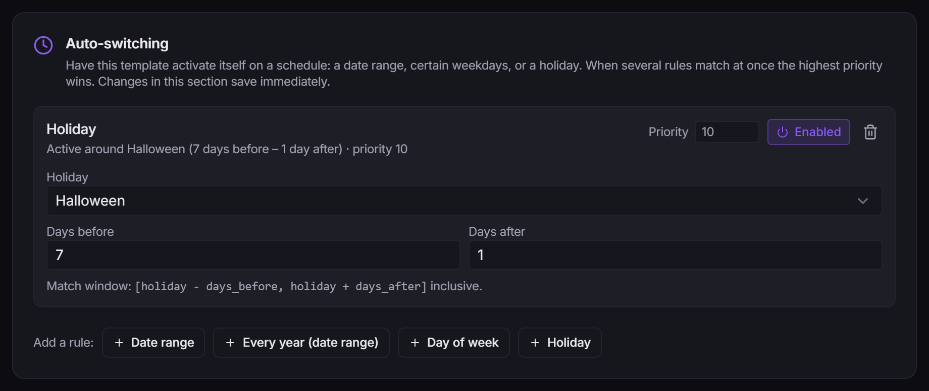 A template's Auto-switching section with a Holiday rule