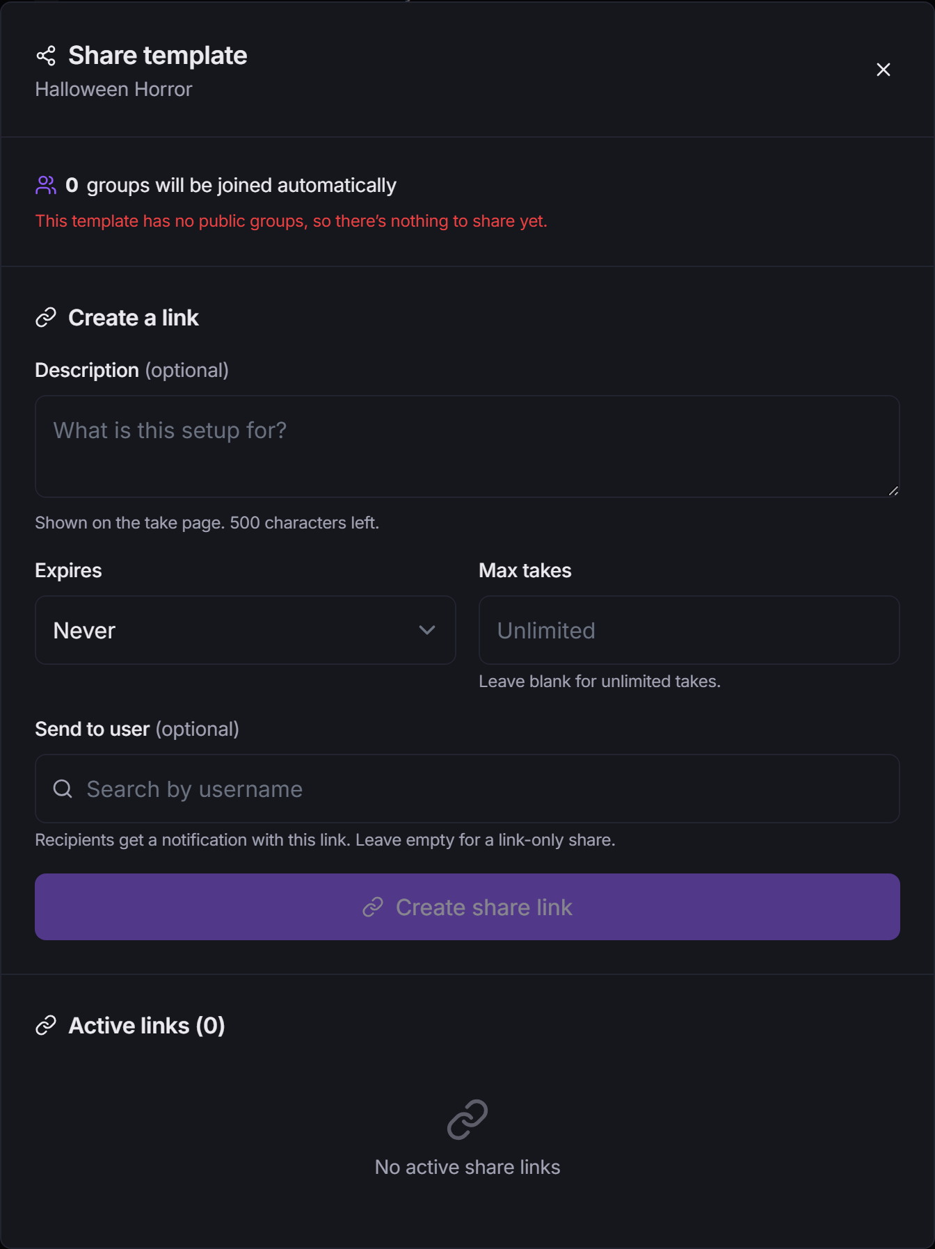 The Share template dialog with description, expiry, max takes and recipients
